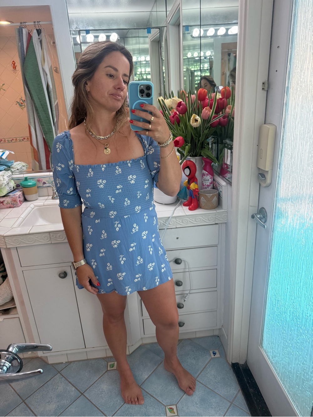 Blue Floral Square-Neck Mini Dress - Reformation - Picture 1 of 6
